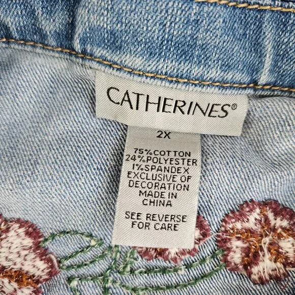 sold Catherines Denim Jacket Womens 2X Blue Cropped Embroidered Floral Trucker - Picture 7 of 13